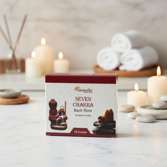 Box of AromaticaSeven Chakra Backflow Incense Cones featuring the product's name and an illustration of a person meditating with incense.