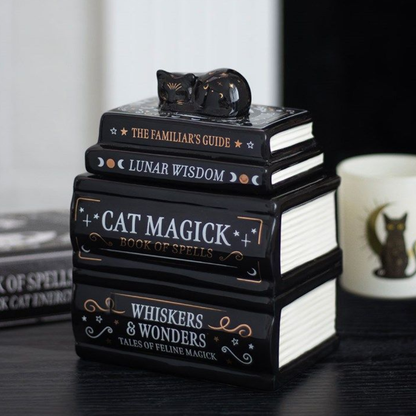 Book Stack Oil Burner with Black Cat