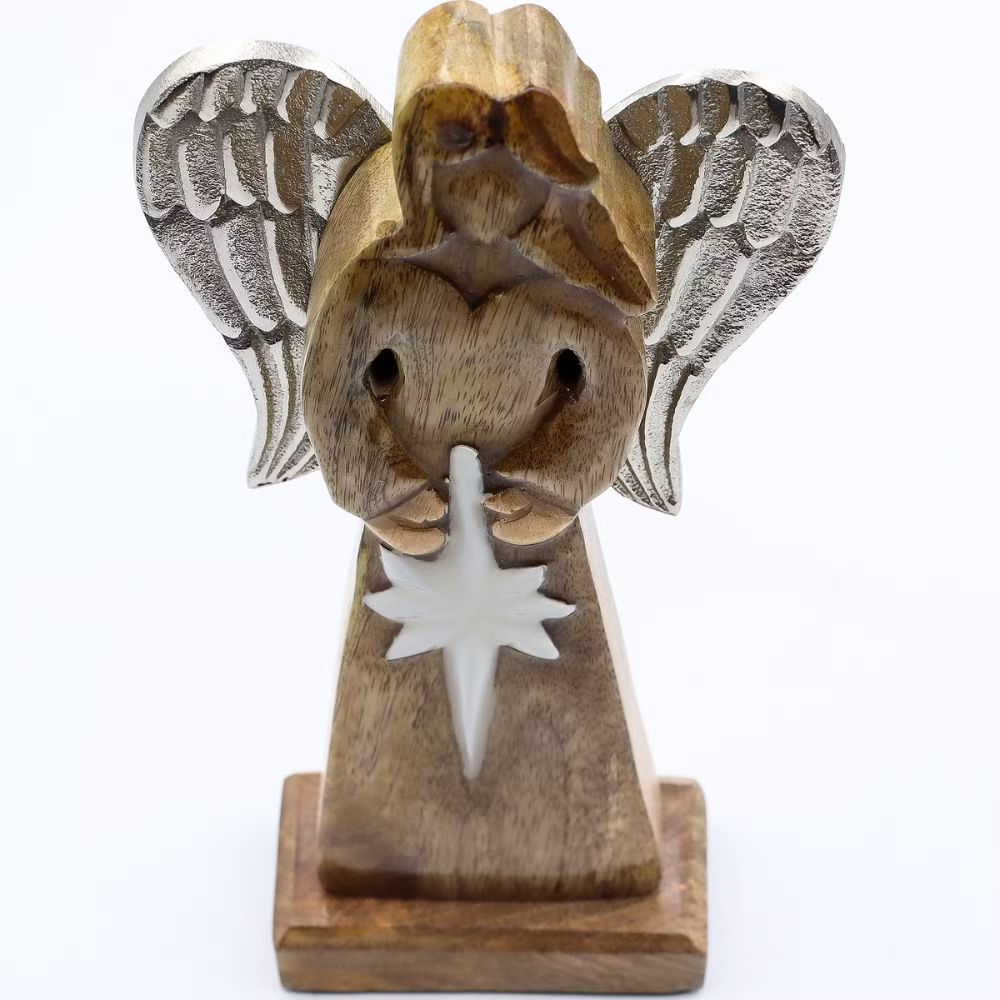 Mango Wood Angel with Silver Wings – Peace and Grace