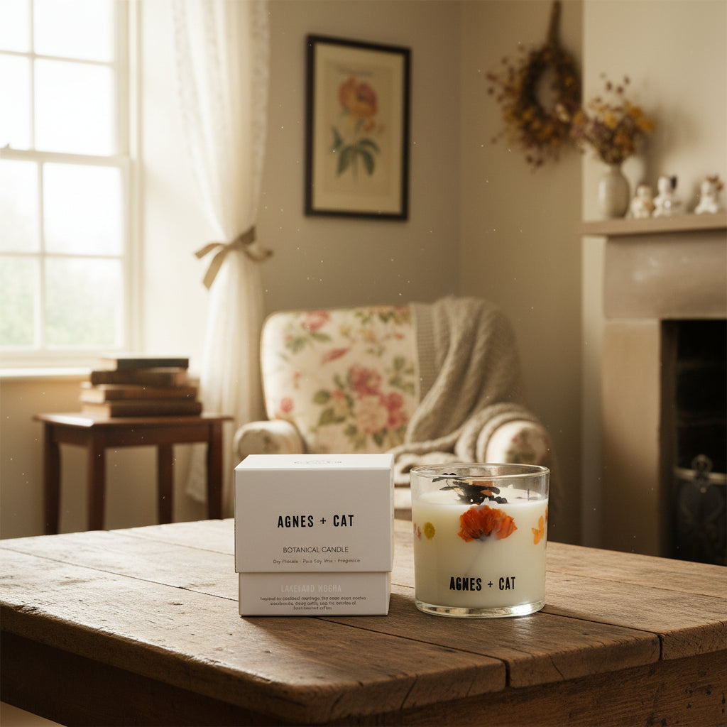 Agnes + Cat botanical candle with packaging on a white background