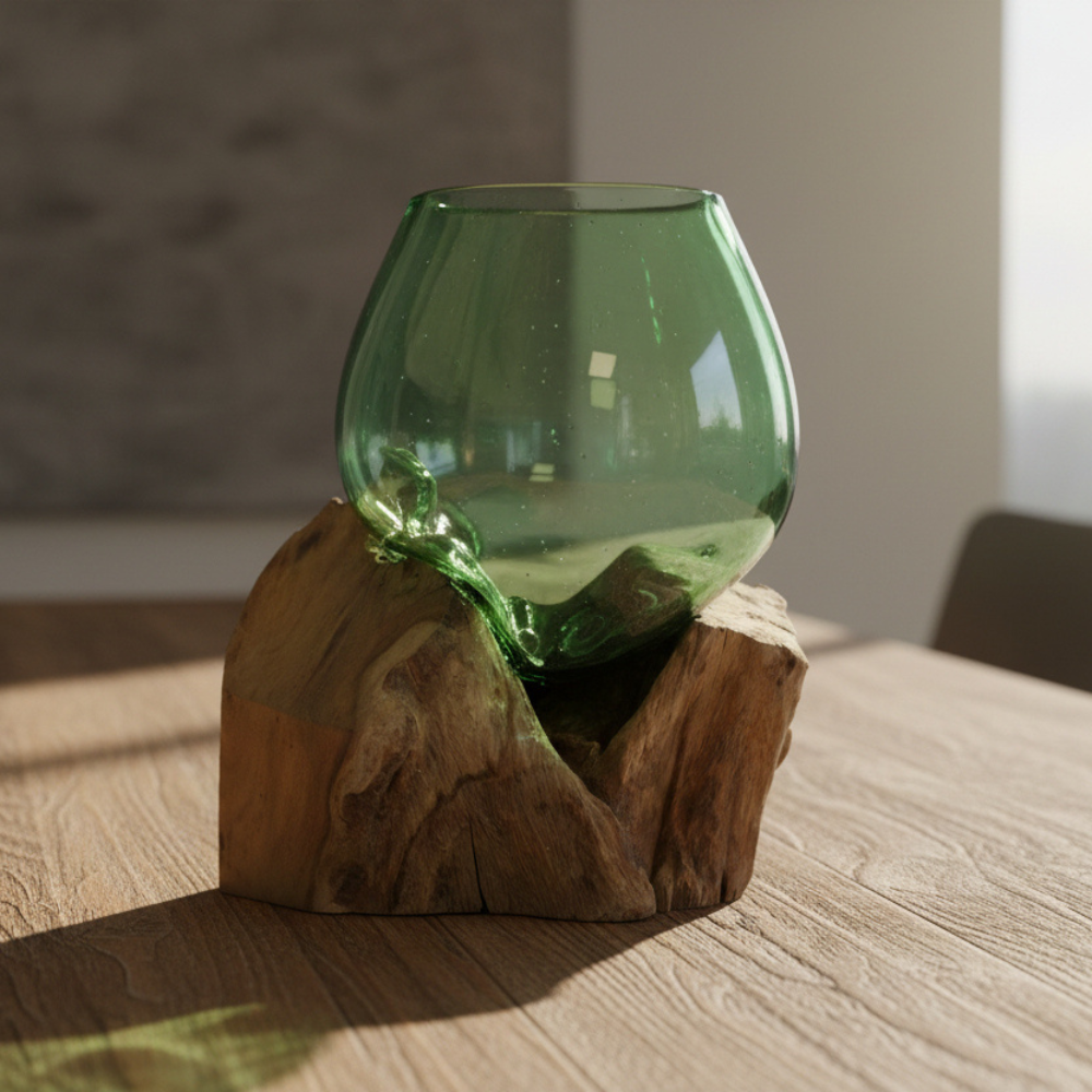 Molten Recycled Beer Bottles Glass on Wood.