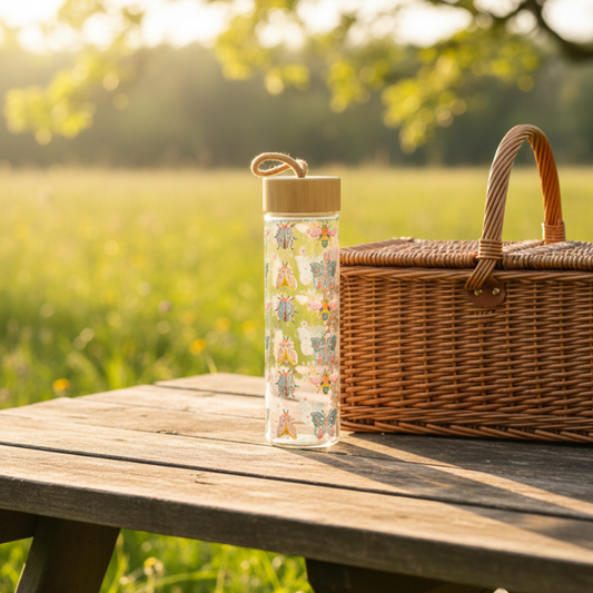 Floral Bug Print Glass Water Bottle