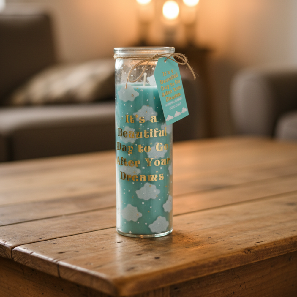 Decorative candle with a motivational quote on a wooden surface