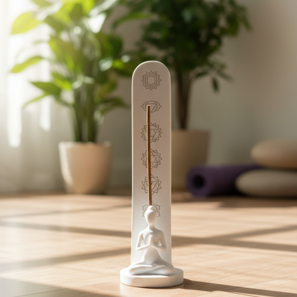 Incense burner with a Buddha design on a wooden surface with plants and yoga mat in the background