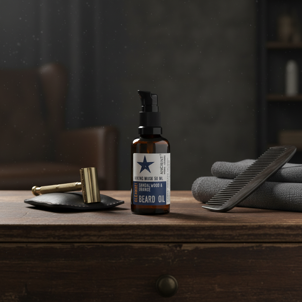 Beard oil bottle with label 