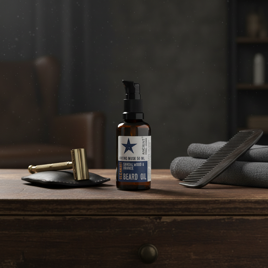 Beard oil bottle with label 