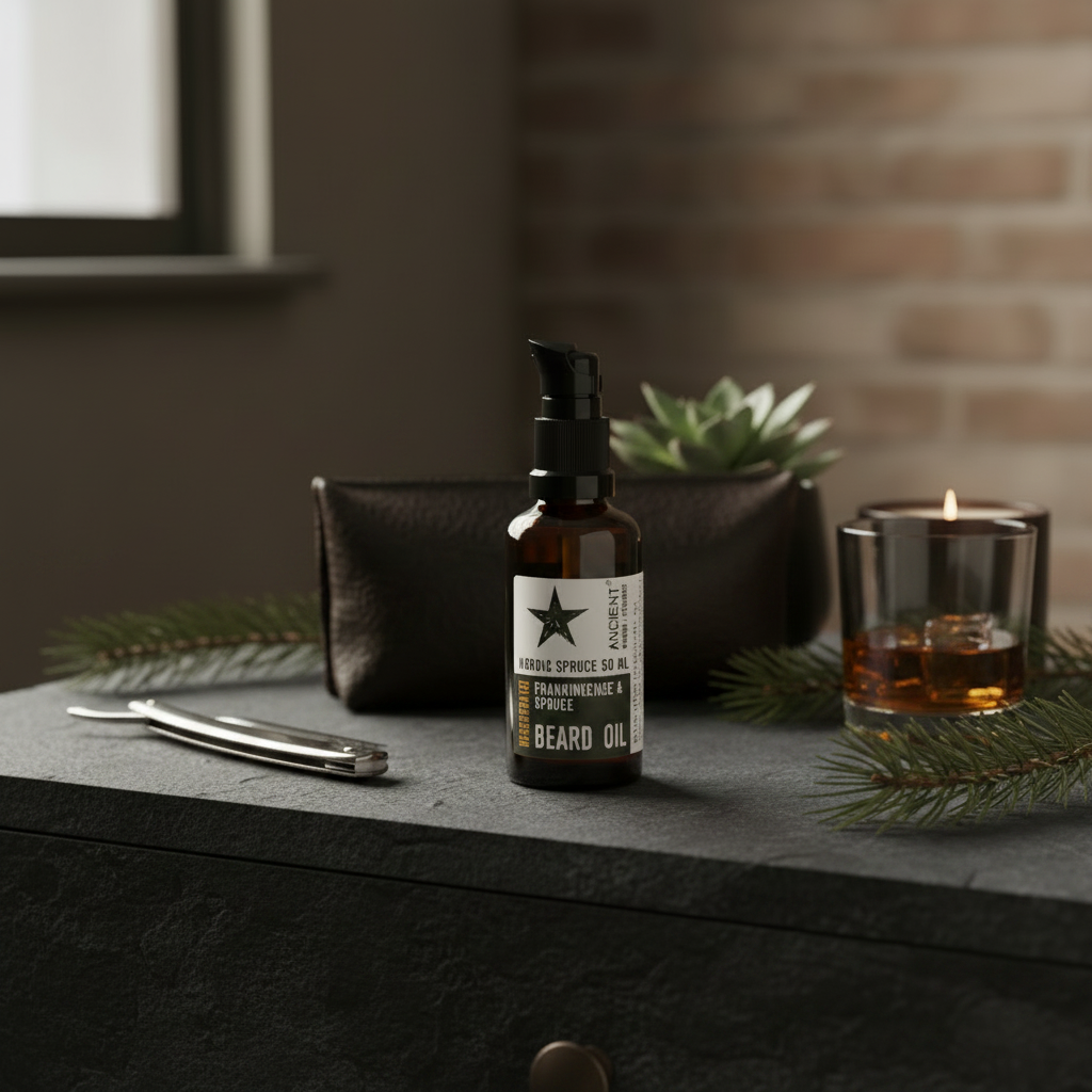 Brown bottle of beard oil with a black cap