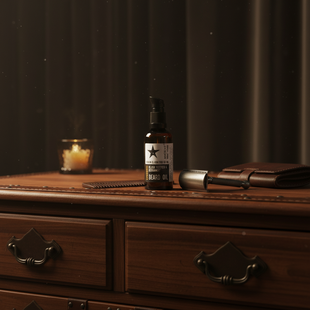 Brown beard oil bottle with black cap and label