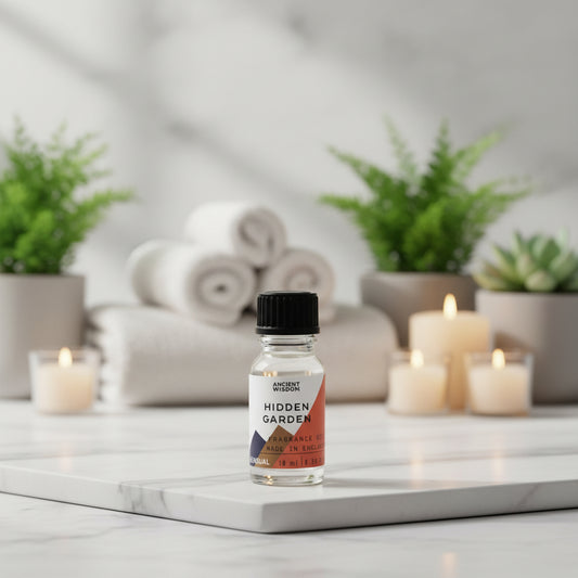 A 10ml bottle of 'Hidden Garden' Sensual Fragrance Oil by Ancient Wisdom.