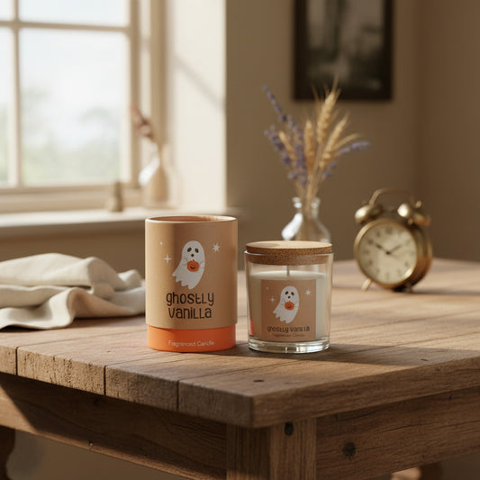Fragranced candle with ghostly vanilla label and cork lid on a white background