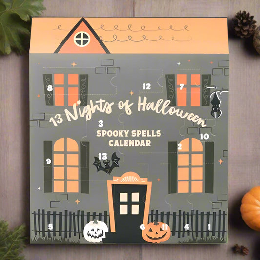 Halloween-themed calendar with haunted house design and '13 Nights of Halloween' text.
